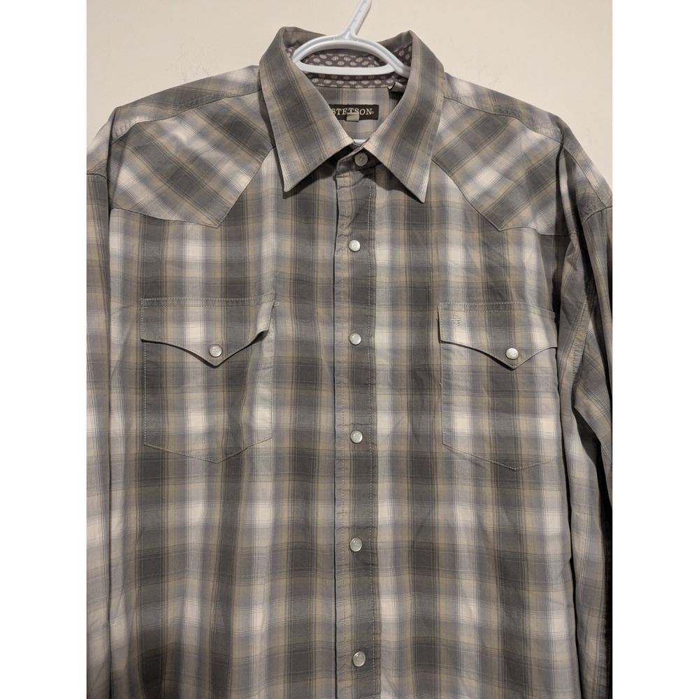 Stetson Plaid Pearl Snap Western Shirt Men's 2XL Green‎ White Long Sleeve Cotton - Picture 2 of 8